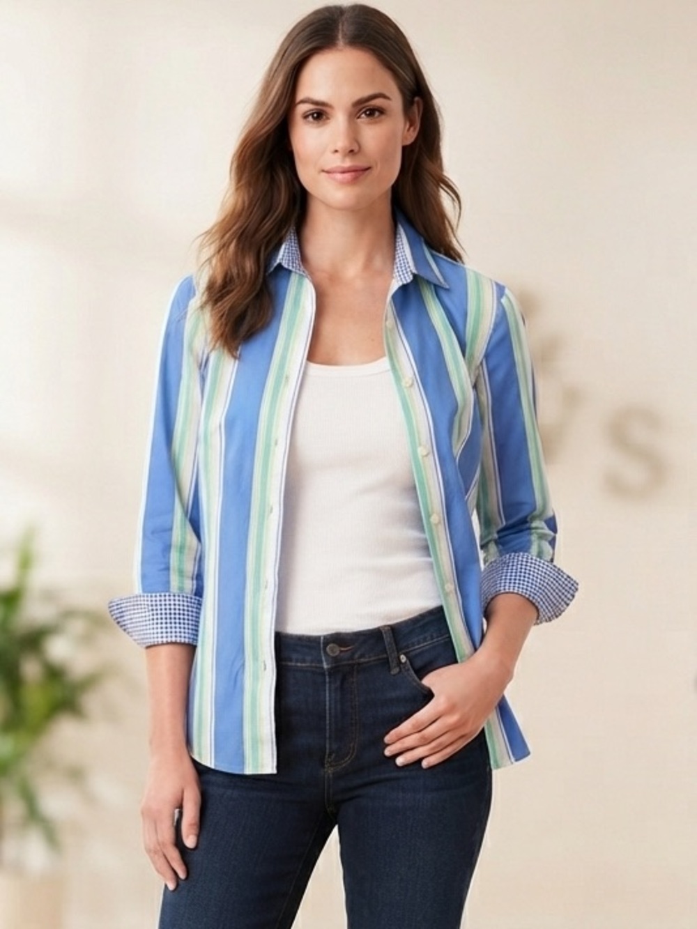 Chaps Petite Blue, Green & White Striped Button-Down Women's Shirt, Size Medium